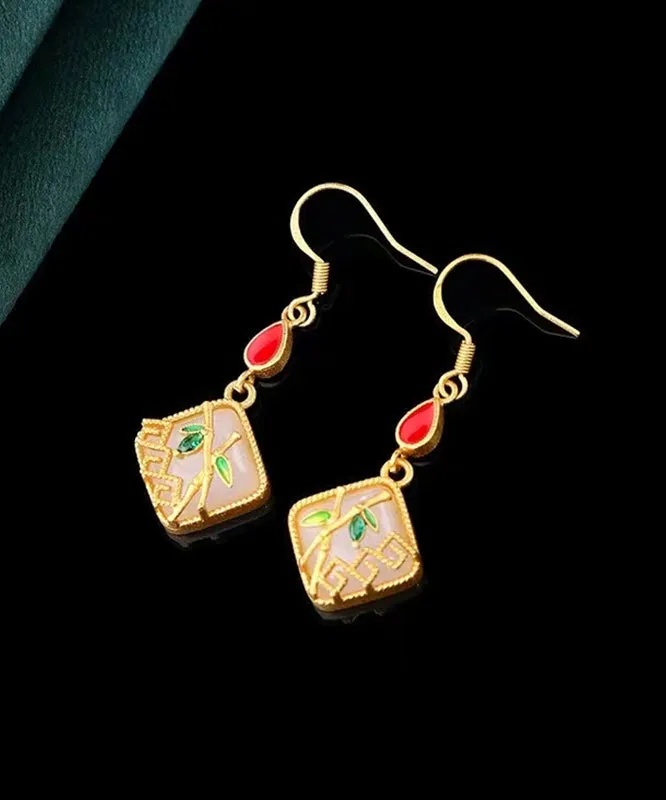 Art Gold Copper Overgild Inlaid Jade Gem Stone Bamboo Leaf Drop Earring KX1090