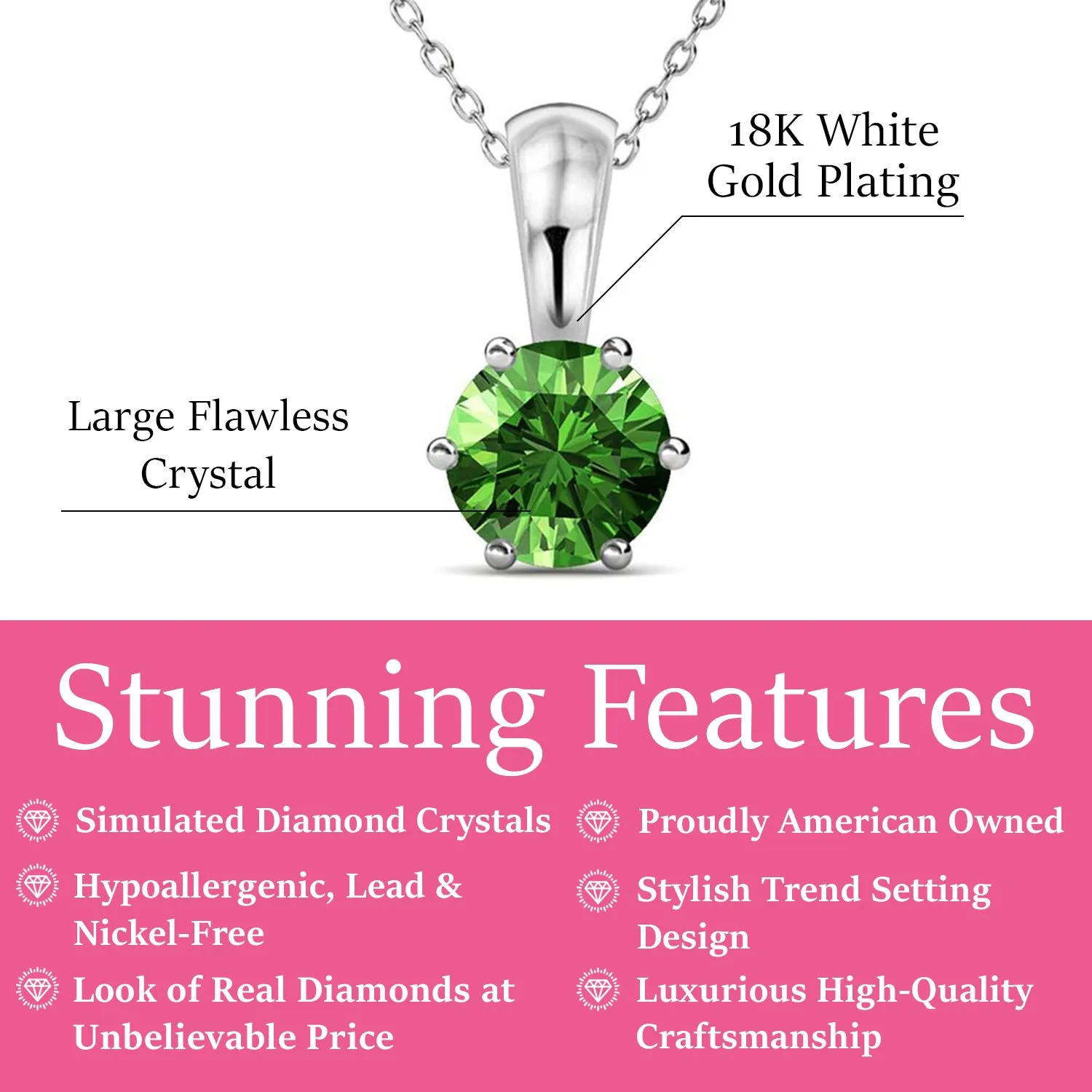 August Birthstone Peridot Necklace 18k White Gold Plated Solitaire Necklace with 1CT Swarovski Crystal