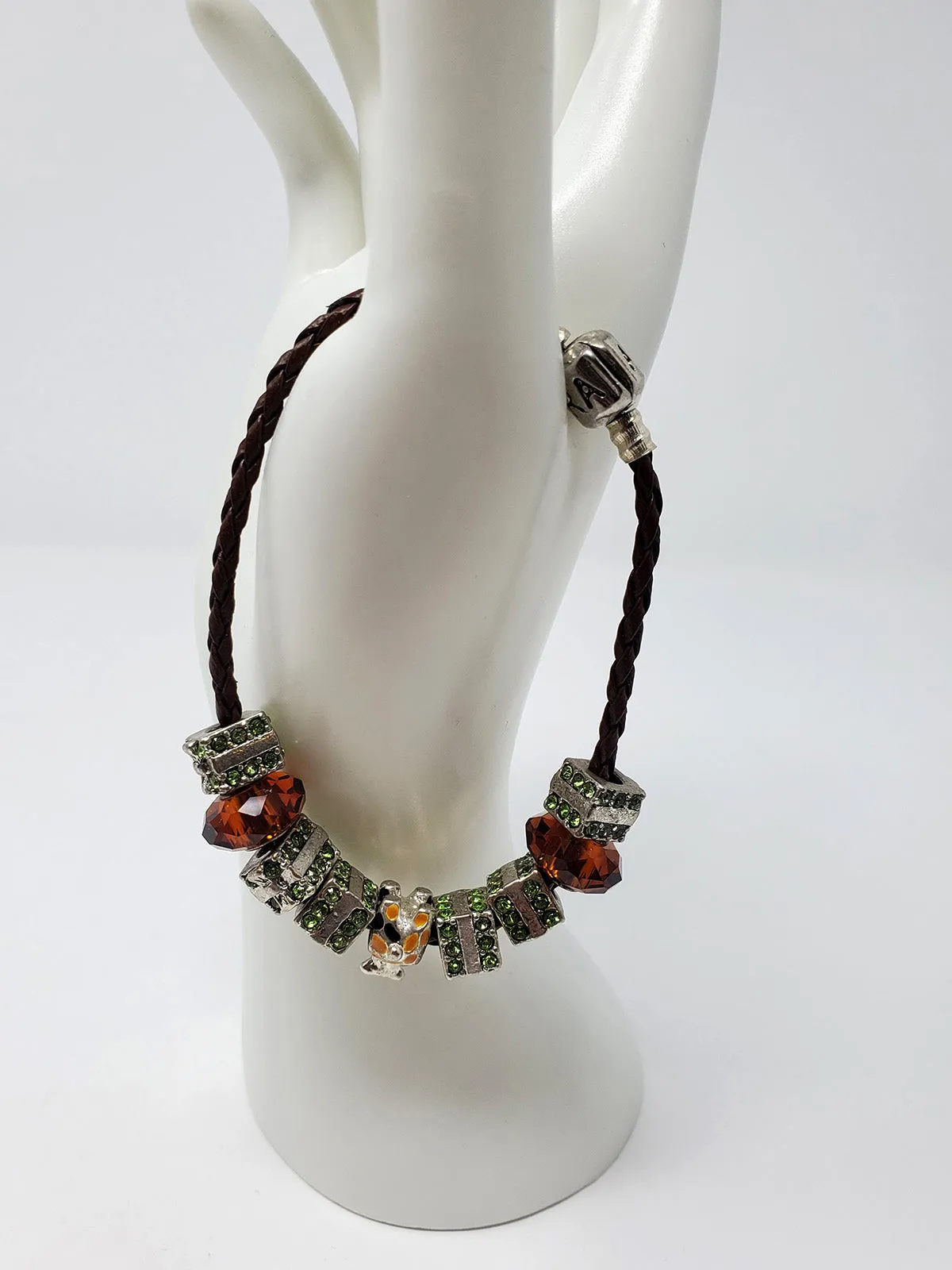 AURORA Brown & Green Braided Leather Dice Charm Bracelet