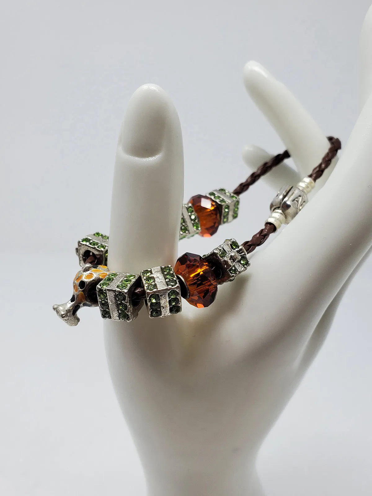 AURORA Brown & Green Braided Leather Dice Charm Bracelet