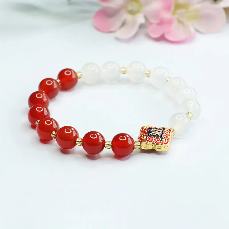 Auspicious Cloud Clover Bracelet with Red Agate and White Chalcedony