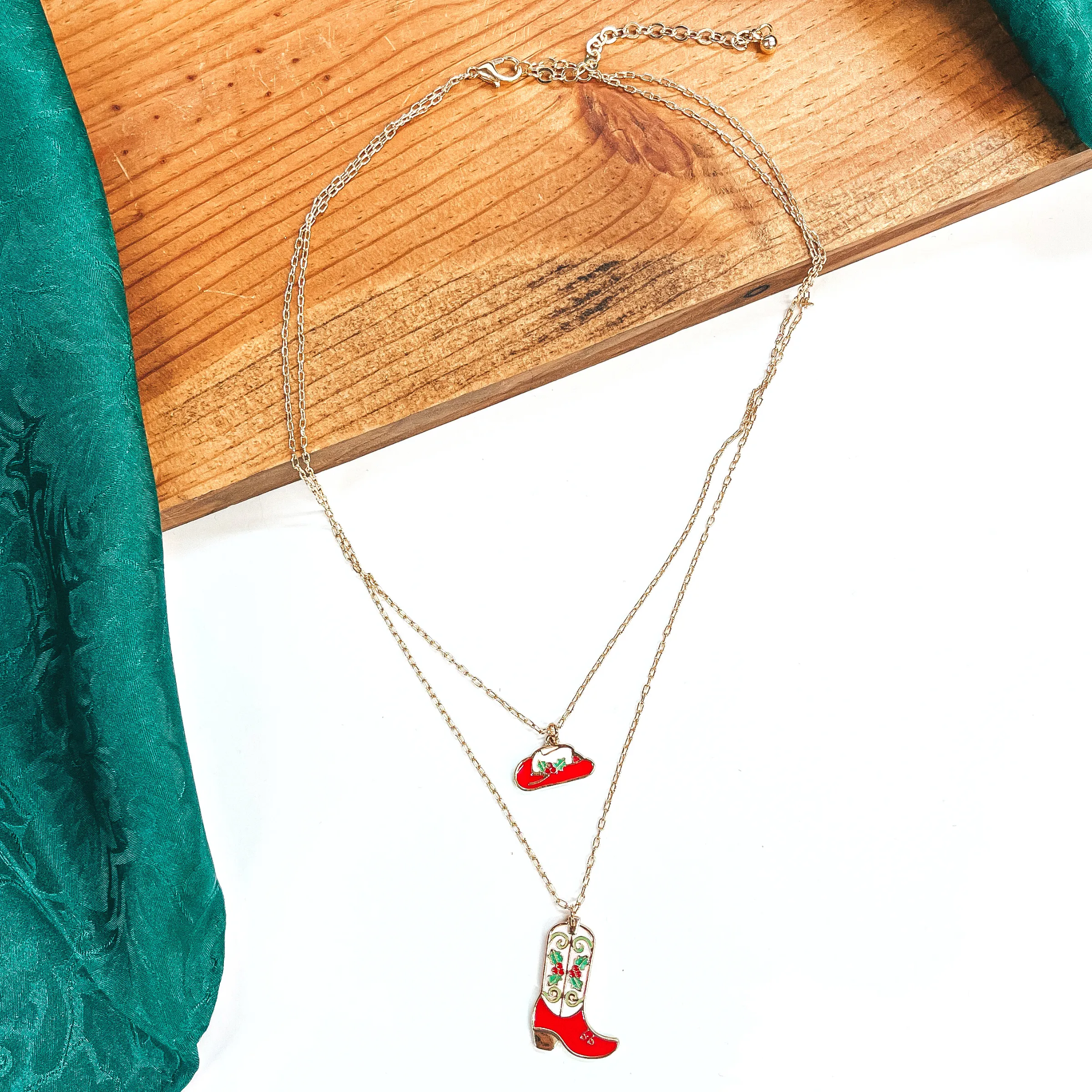 Away For The Winter Double Strand Gold Tone Necklace with Hat and Boot Mistletoe Print Pendant in Red and White