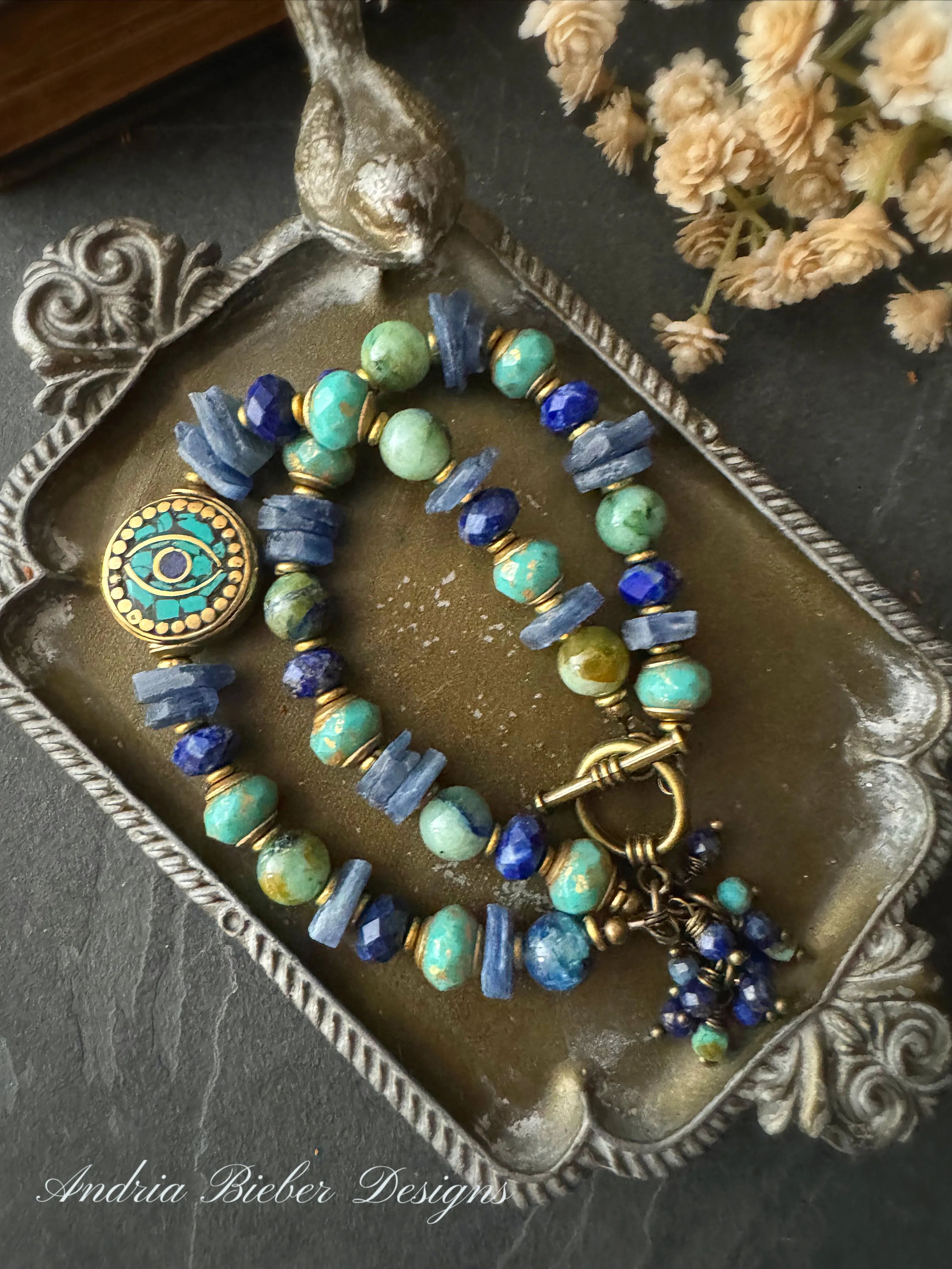 Azurite, kyanite, Turquoise stone, lapis lazuli stone, nepal beads, Czech glass, brass metal bracelet, KIT