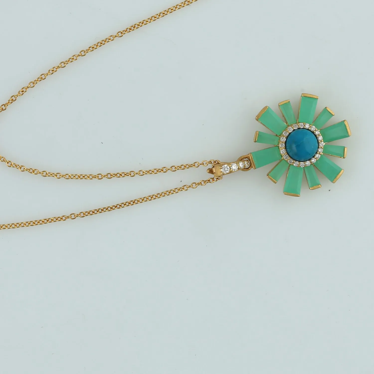 Baguette Chrysoprase Pave Diamond Sunburst Pendant 18k Yellow Gold Chain Necklace