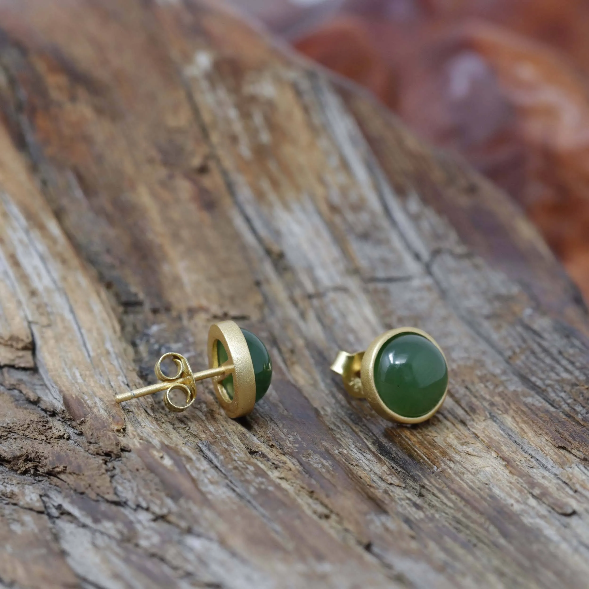 Baikalla™ 'Classic Studs" Gold Plated Sterling Silver Real Green Jade Stud Earrings