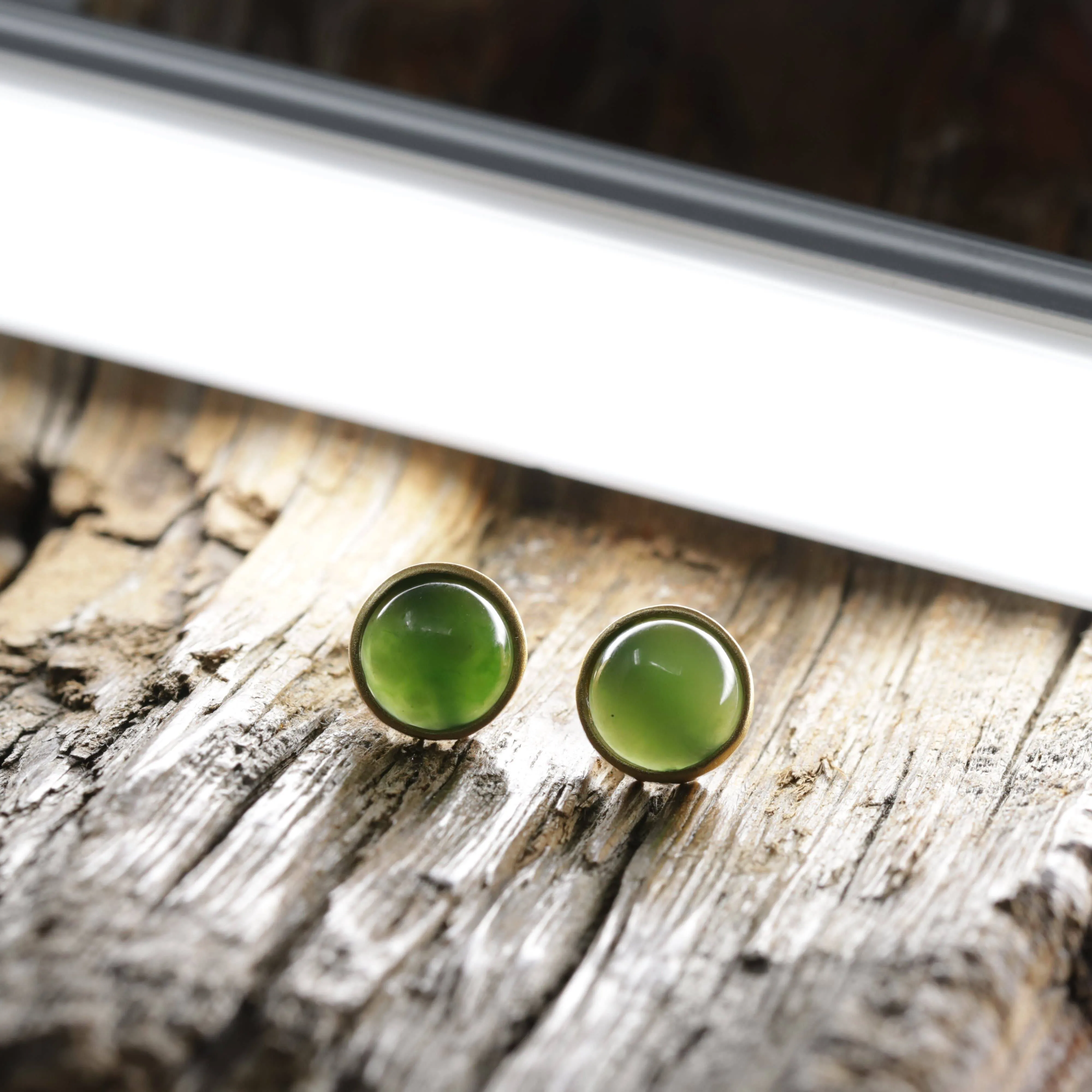 Baikalla™ 'Classic Studs" Gold Plated Sterling Silver Real Green Jade Stud Earrings