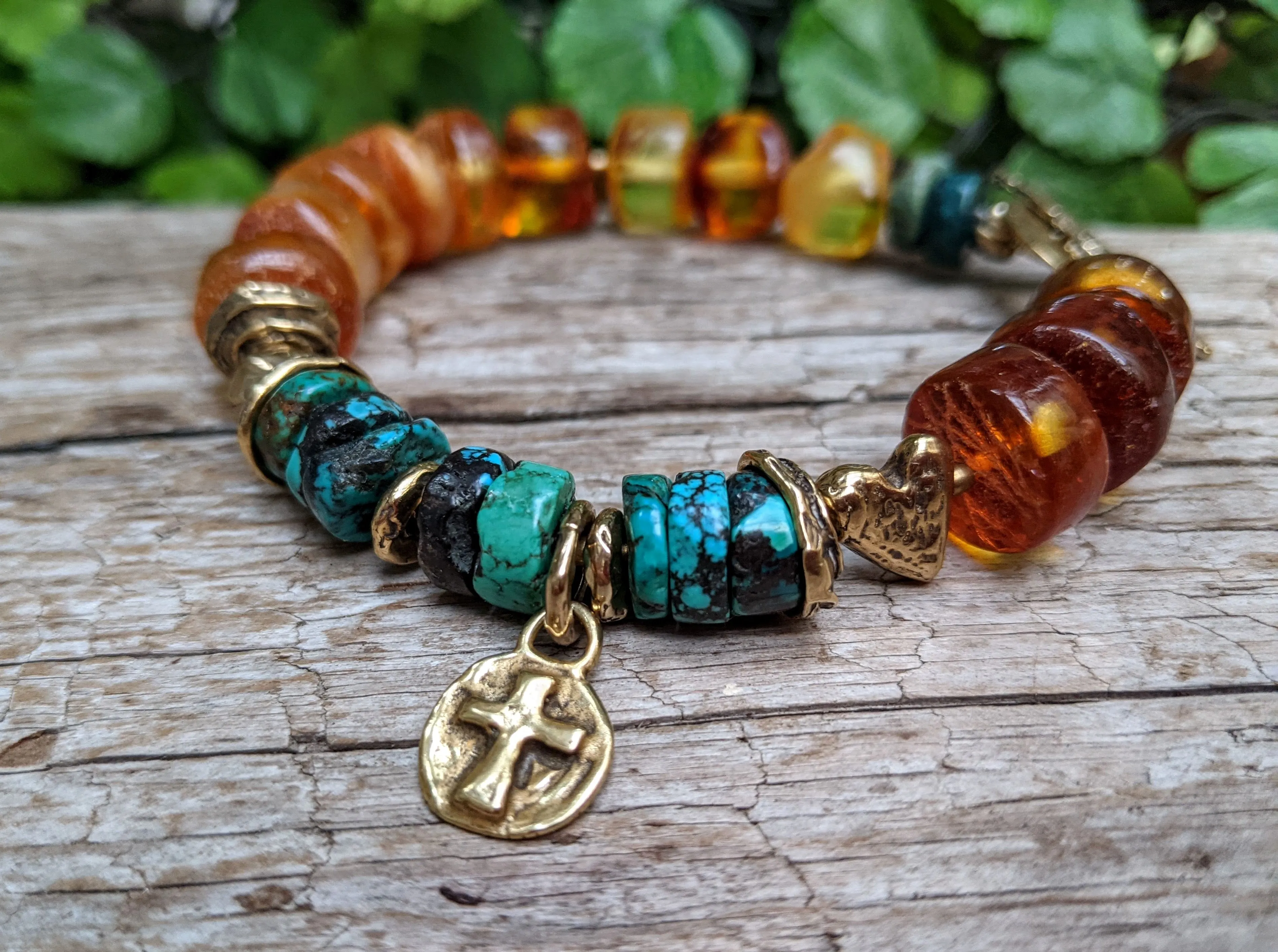 Baltic Amber & Turquoise Gold Bronze Bracelet