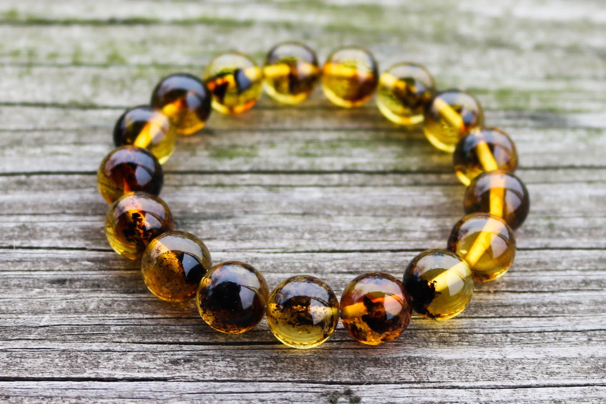 Baltic Amber Bracelet Green Balls Inclusions Natural Unisex 7.5" 12 mm 15 gram