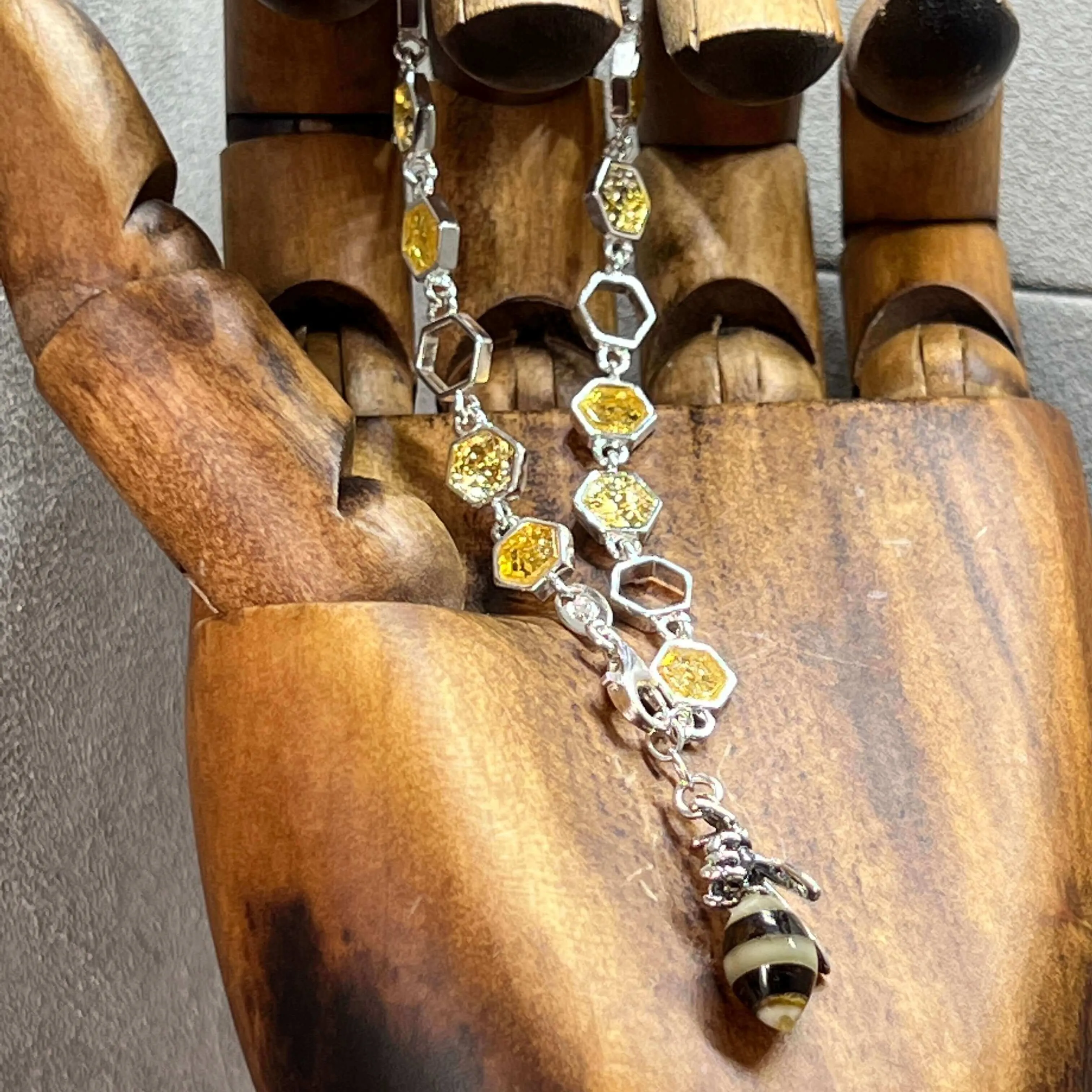 Baltic Amber Honeycomb & Bee Sterling Silver Charm Bracelet