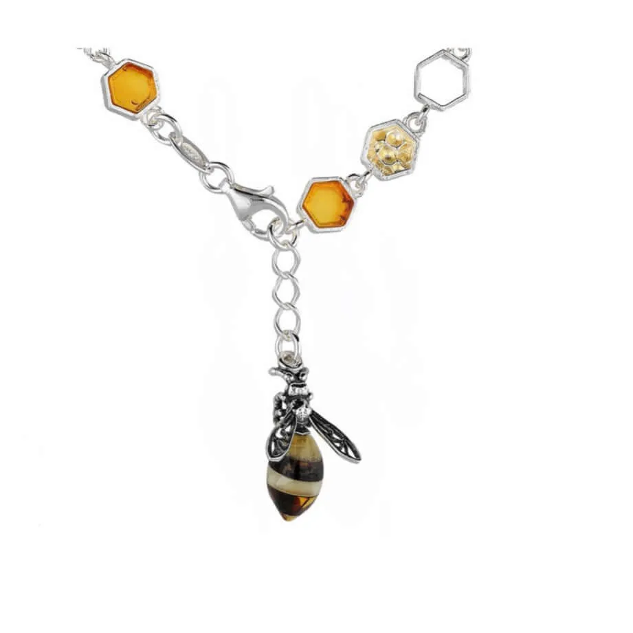 Baltic Amber Honeycomb & Bee Sterling Silver Charm Bracelet