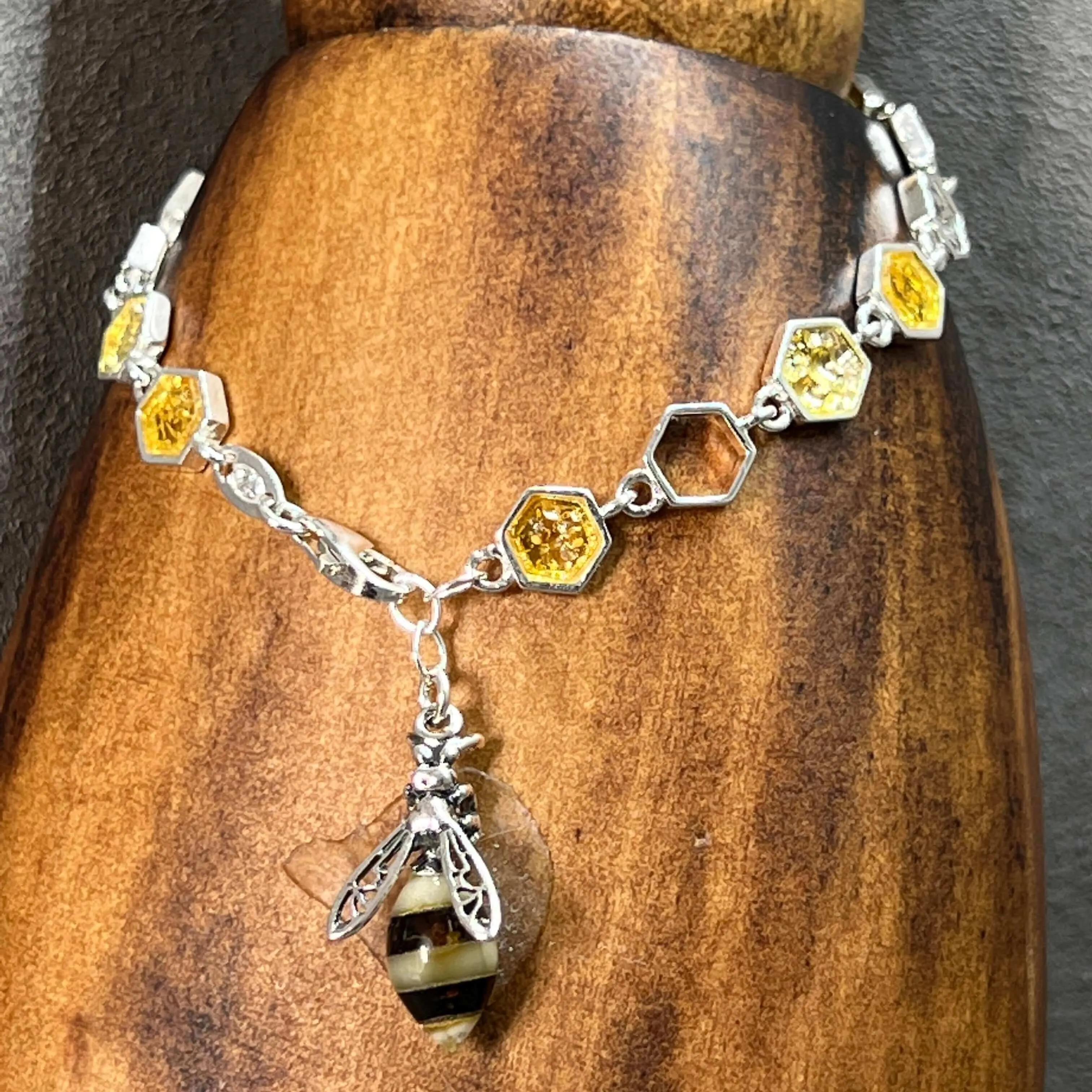 Baltic Amber Honeycomb & Bee Sterling Silver Charm Bracelet