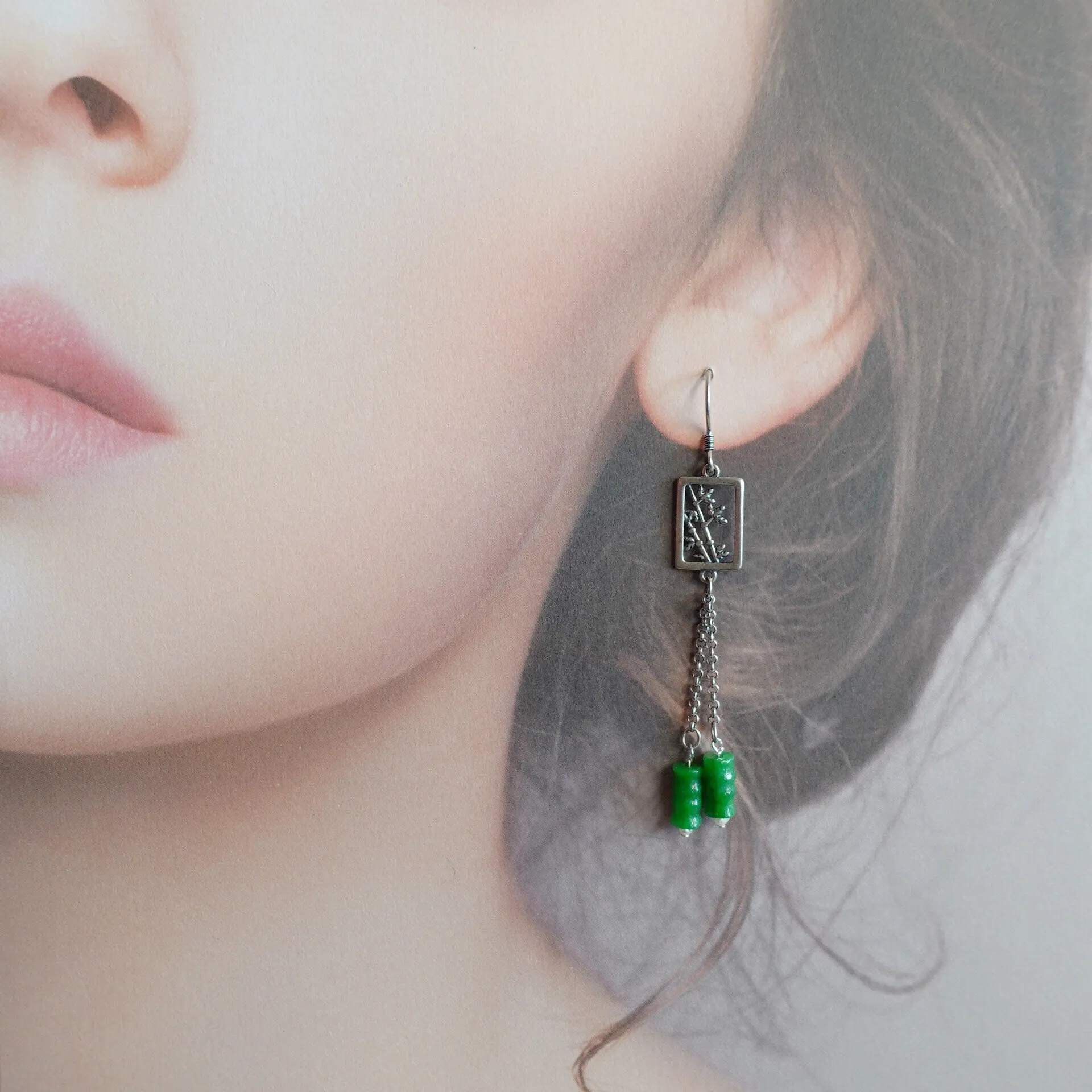 Bamboo Theme Green Jade Earrings