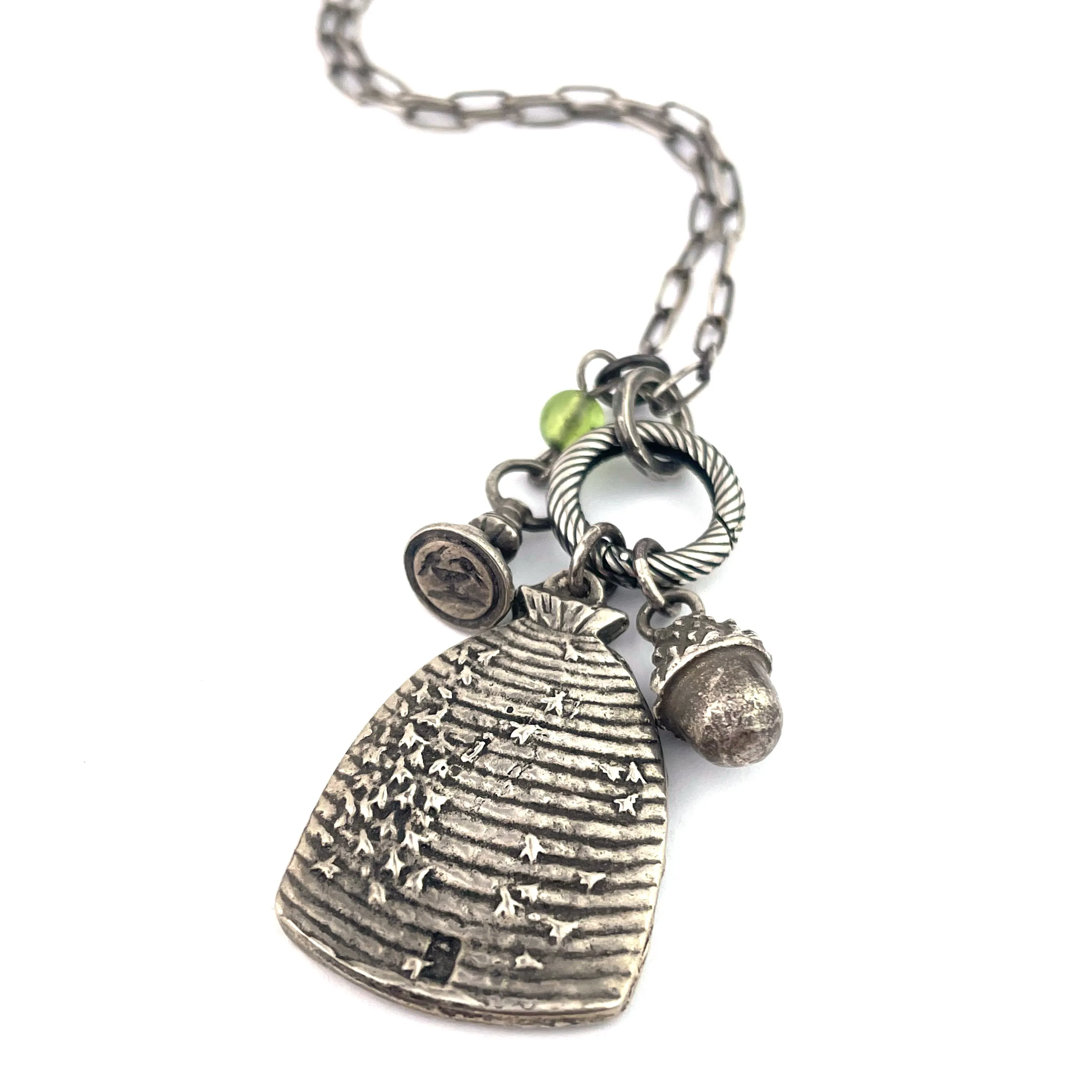 BEEHIVE Charm Necklace with Peridot - SILVER