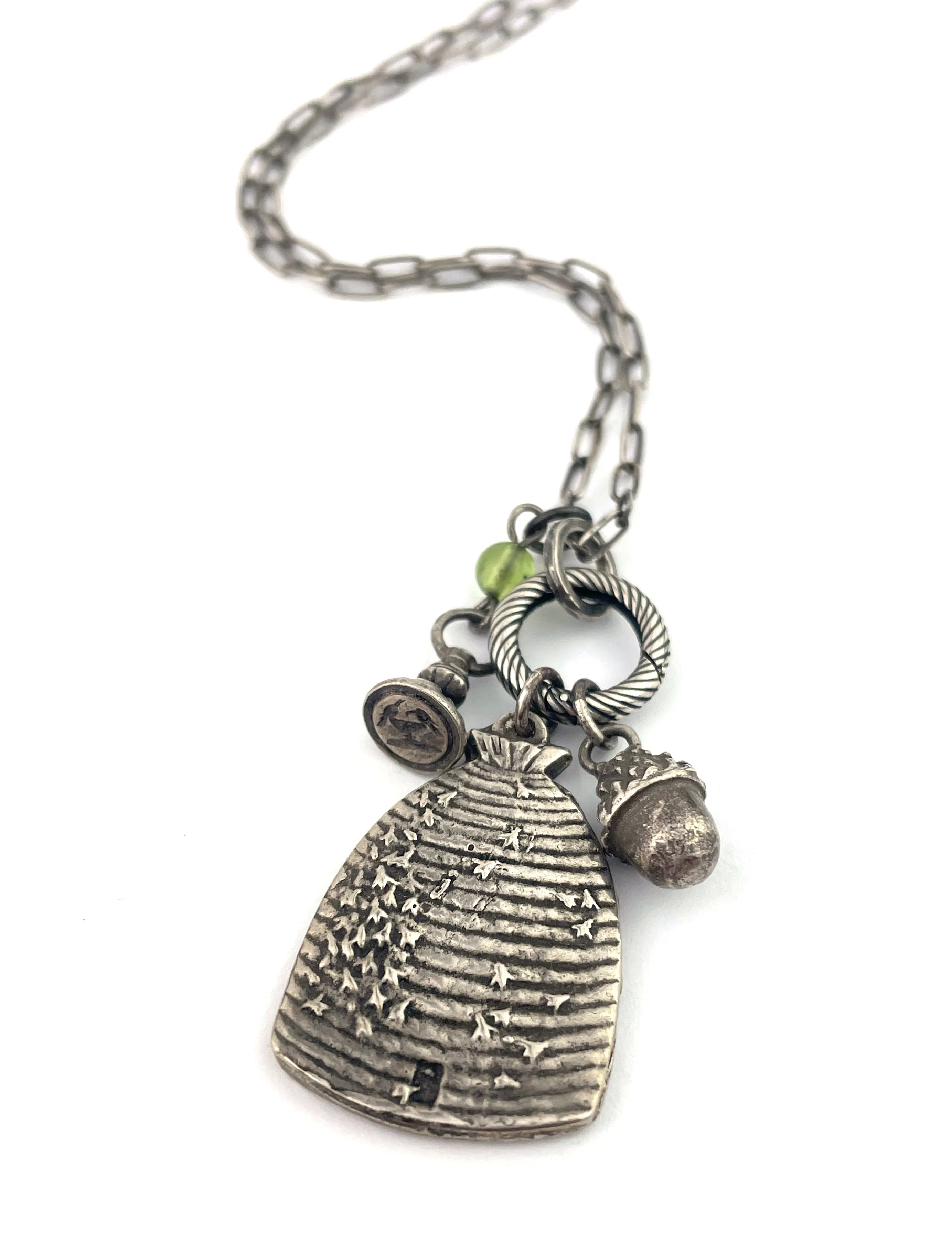 BEEHIVE Charm Necklace with Peridot - SILVER