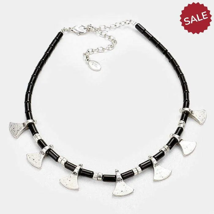 Black & Silver Burnished Metal Decor Choker Necklace