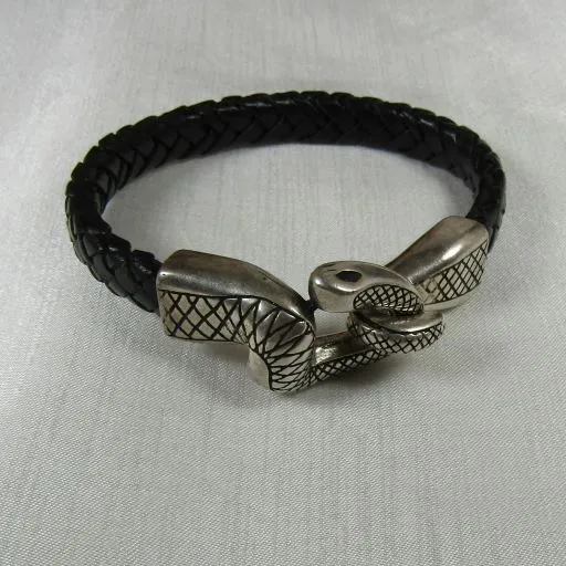 Black Braided Leather Snake Clasp Bracelet For A Man