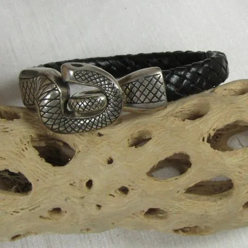 Black Braided Leather Snake Clasp Bracelet For A Man