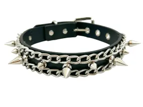 Black Leather Collar w/ Chain and Spikes