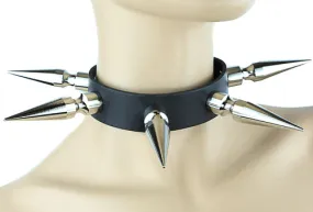 Black Leather Collar w/ Large Silver Spike Details