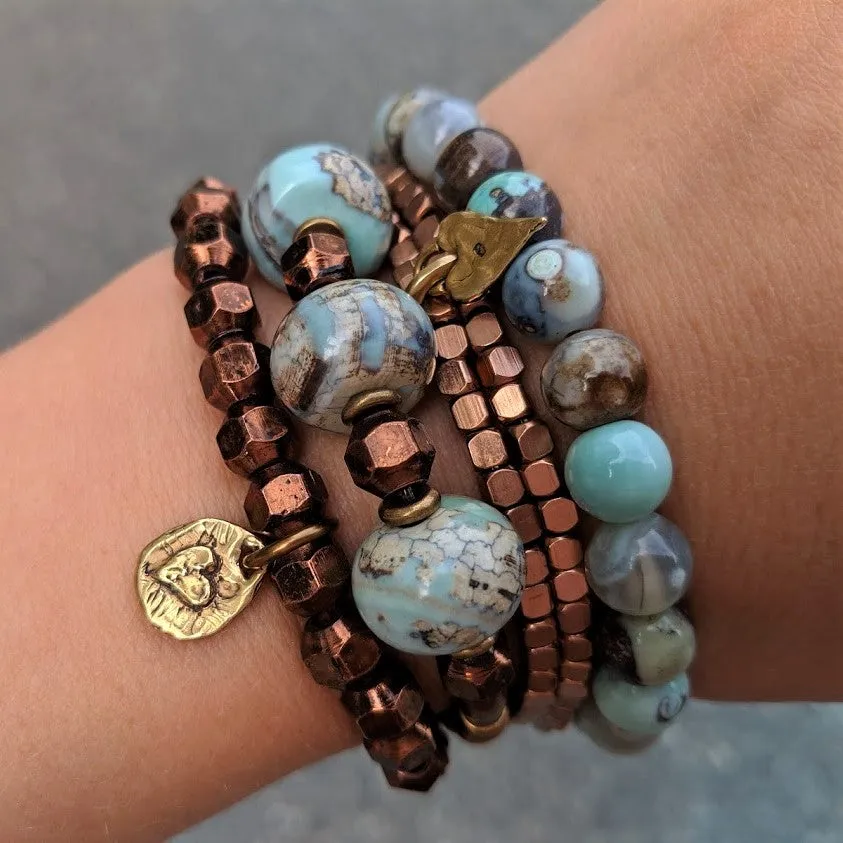 Blue Agate Gemstone & Antique Copper Elastic Bracelet