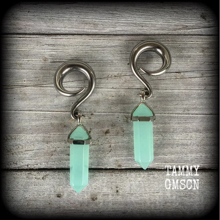 Blue jade gauged earrings-Gemstone ear hangers