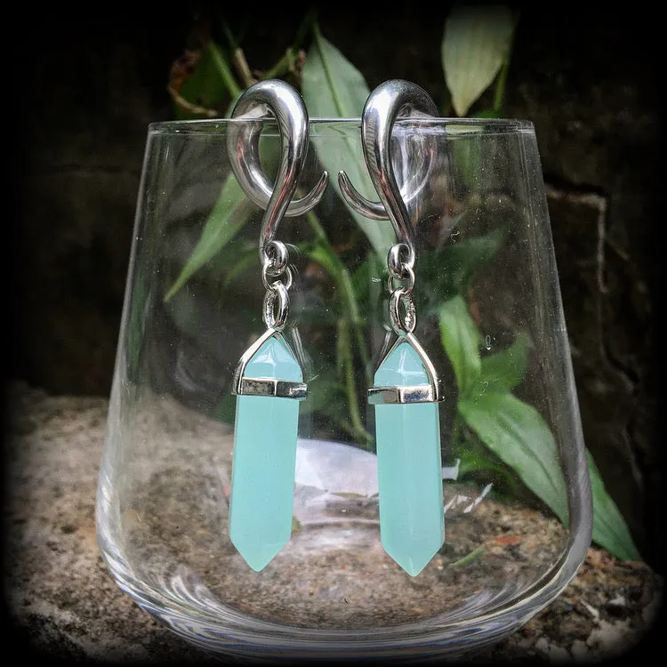 Blue jade gauged earrings-Gemstone ear hangers