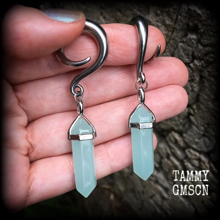 Blue jade gauged earrings-Gemstone ear hangers