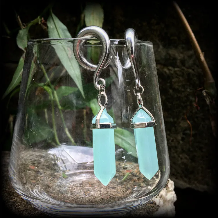 Blue jade gauged earrings-Gemstone ear hangers