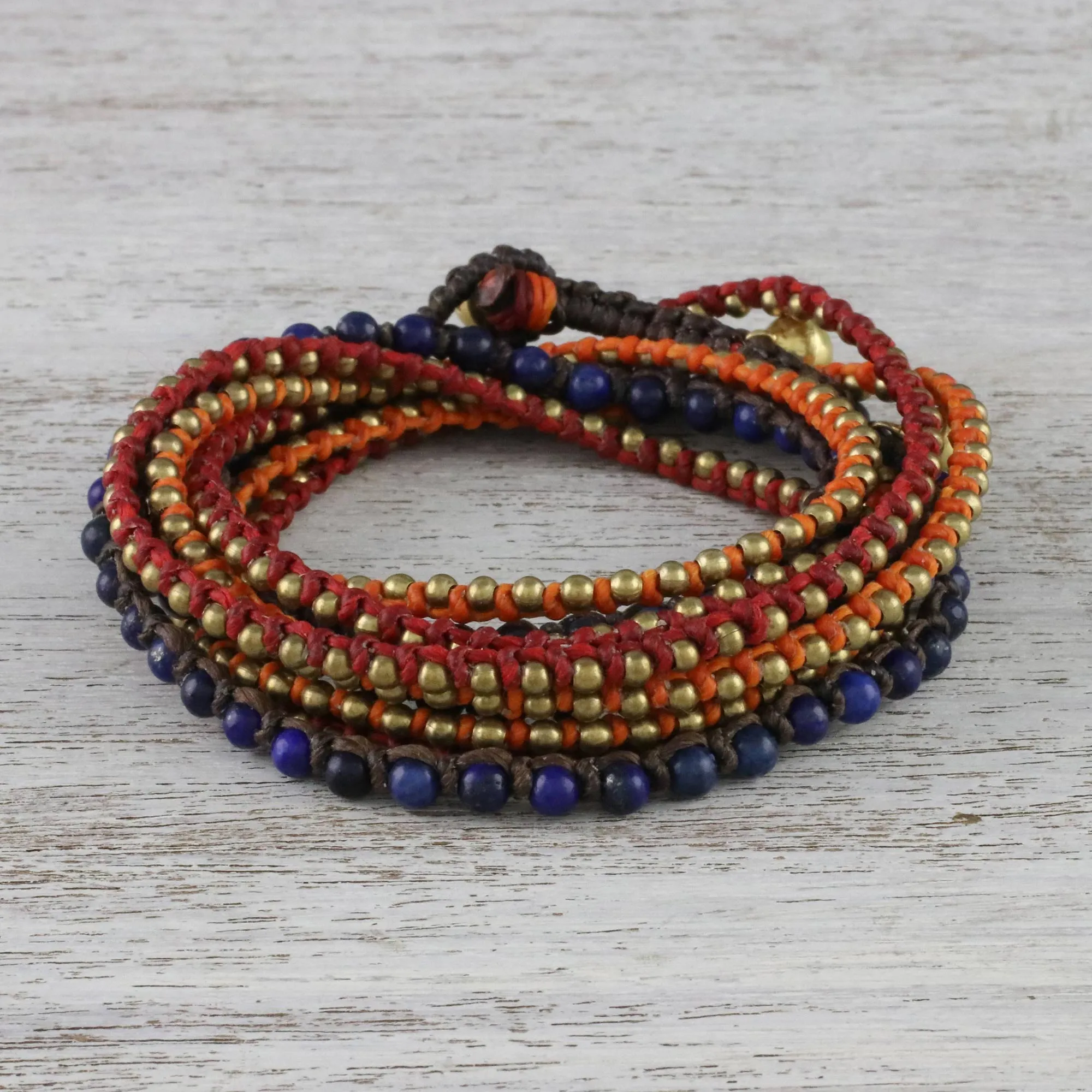 Bohemian Bells Boho Lapis Lazuli Beaded Wrap Bracelet from Thailand