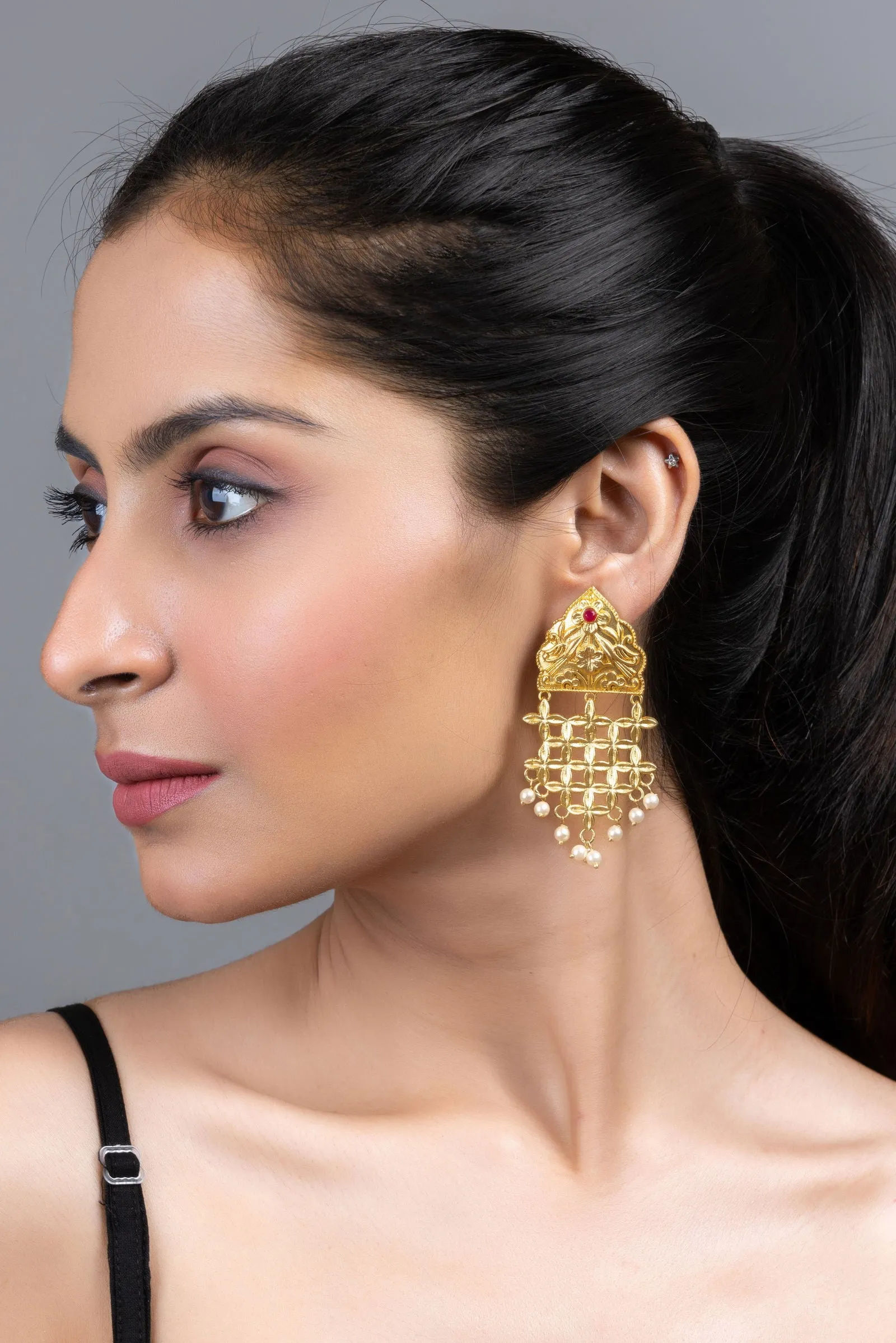 Brass Floral Leaf Jhumka Earrings with Pearl Accent - Elegant Lightweight Statement Jewelry