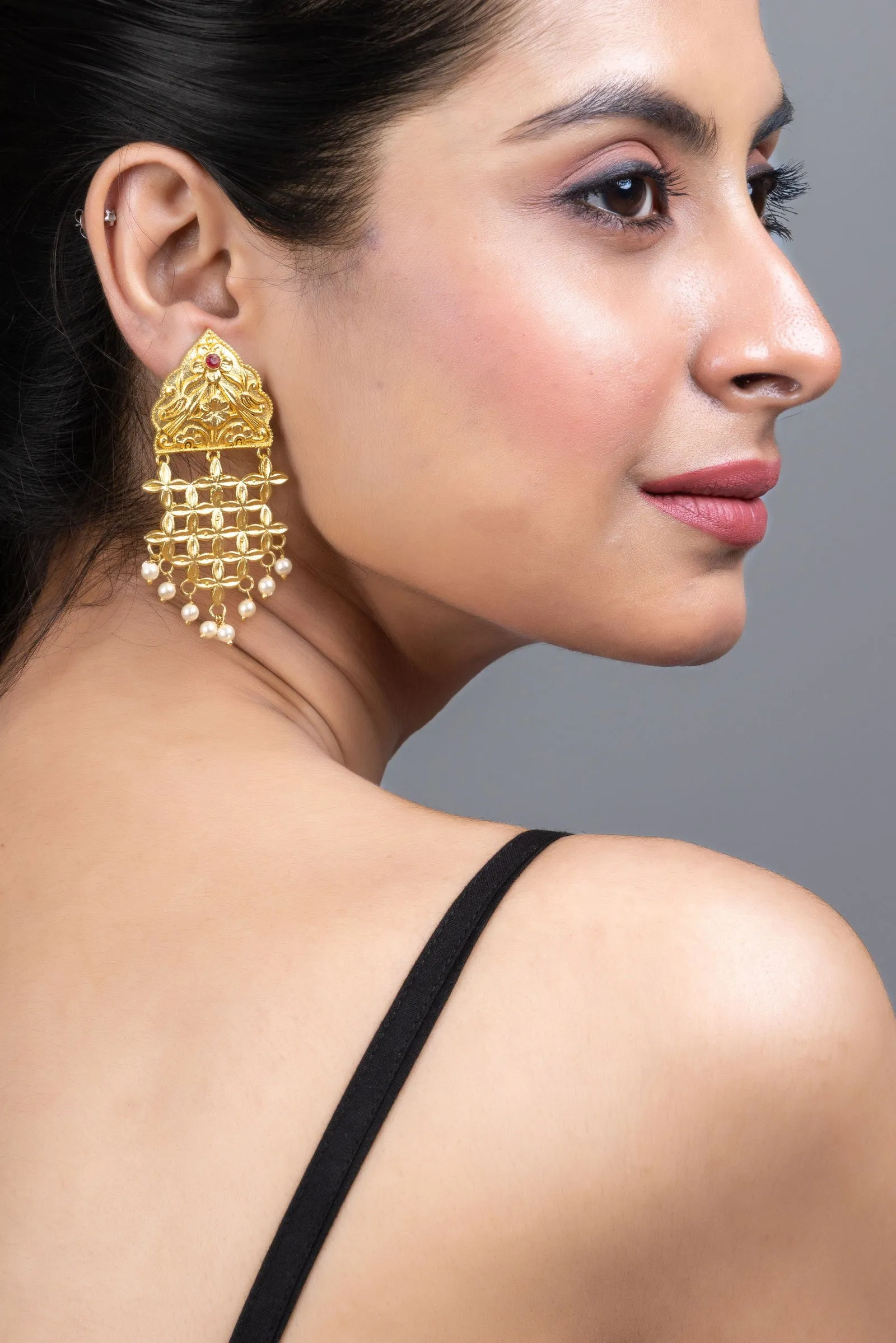 Brass Floral Leaf Jhumka Earrings with Pearl Accent - Elegant Lightweight Statement Jewelry