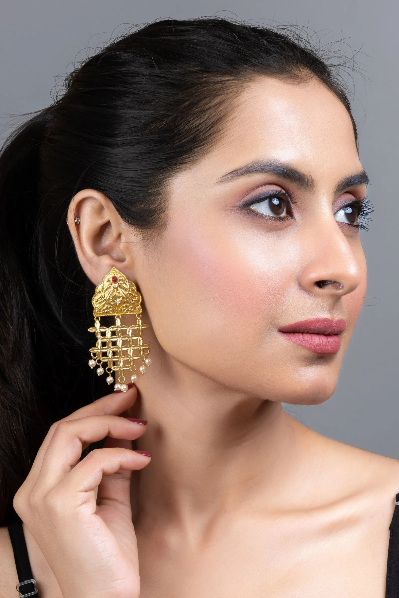 Brass Floral Leaf Jhumka Earrings with Pearl Accent - Elegant Lightweight Statement Jewelry