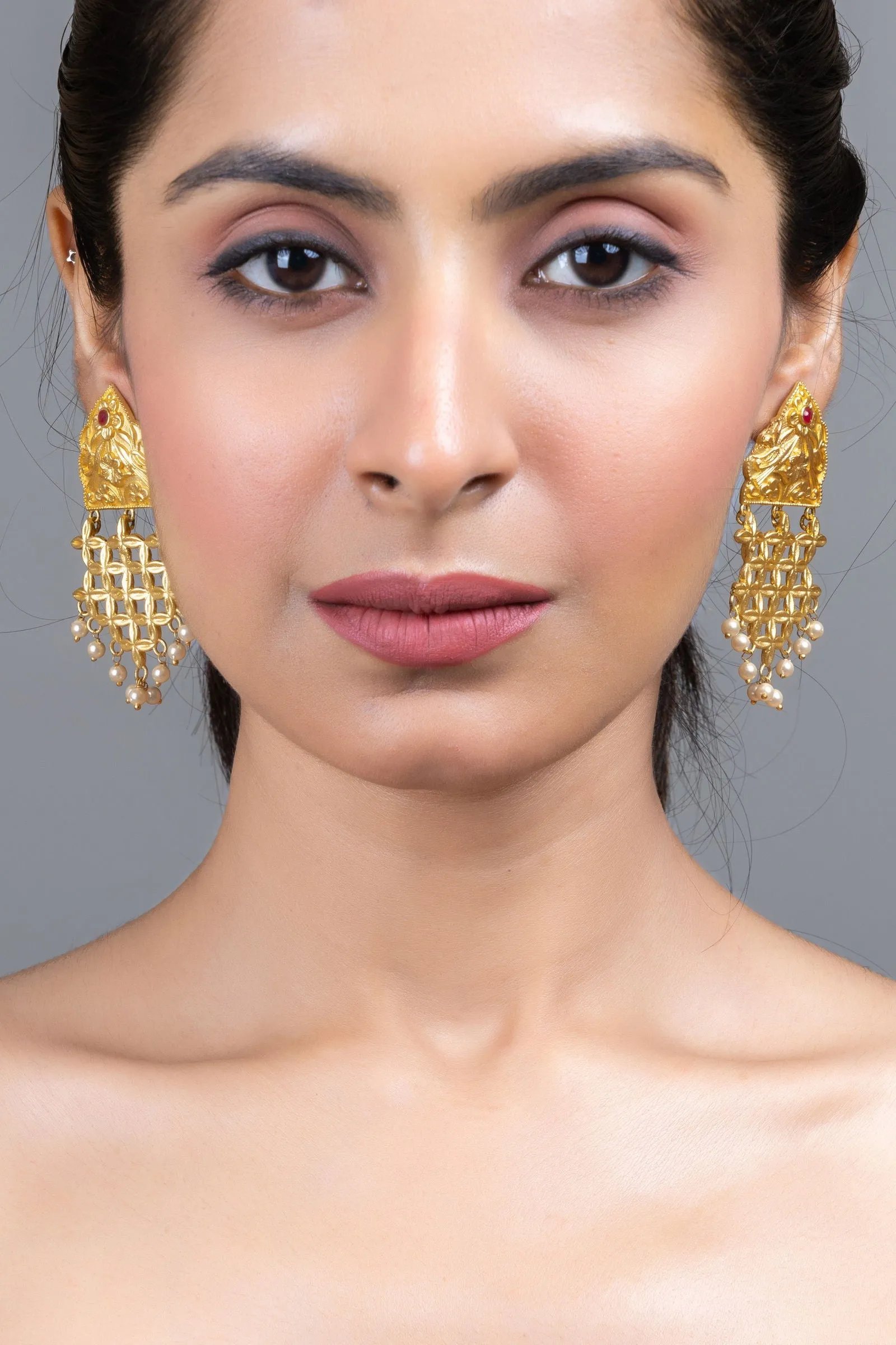 Brass Floral Leaf Jhumka Earrings with Pearl Accent - Elegant Lightweight Statement Jewelry