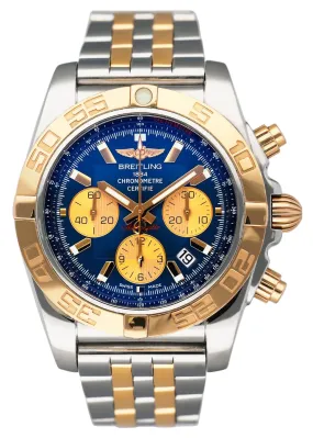 Breitling Chronomat 44 CB0110 Blue Dial Rose Gold Two-Tone Mens Watch Box Papers