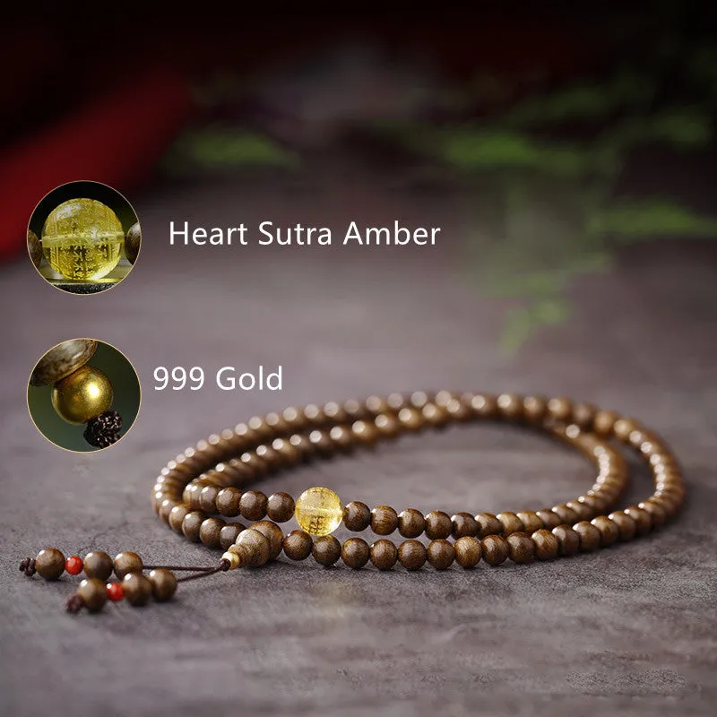 Buddha Stones 108 Mala Beads 999 Gold Brunei Agarwood Heart Sutra Amber Red Agate Strength Meditation Bracelet