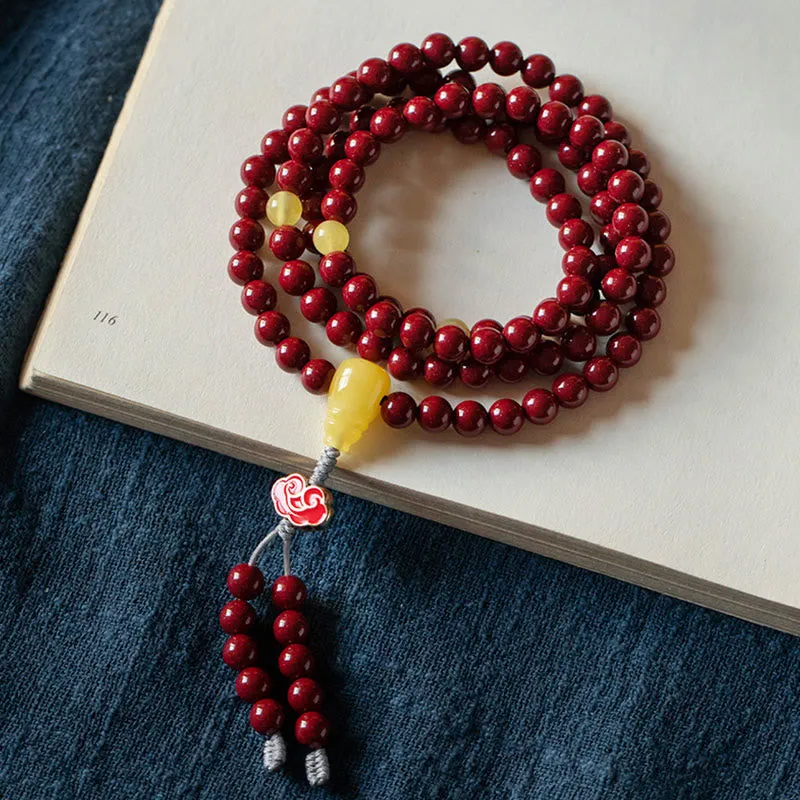 Buddha Stones 108 Mala Beads Natural Cinnabar Amber Keep Away Evil Spirits Bracelet