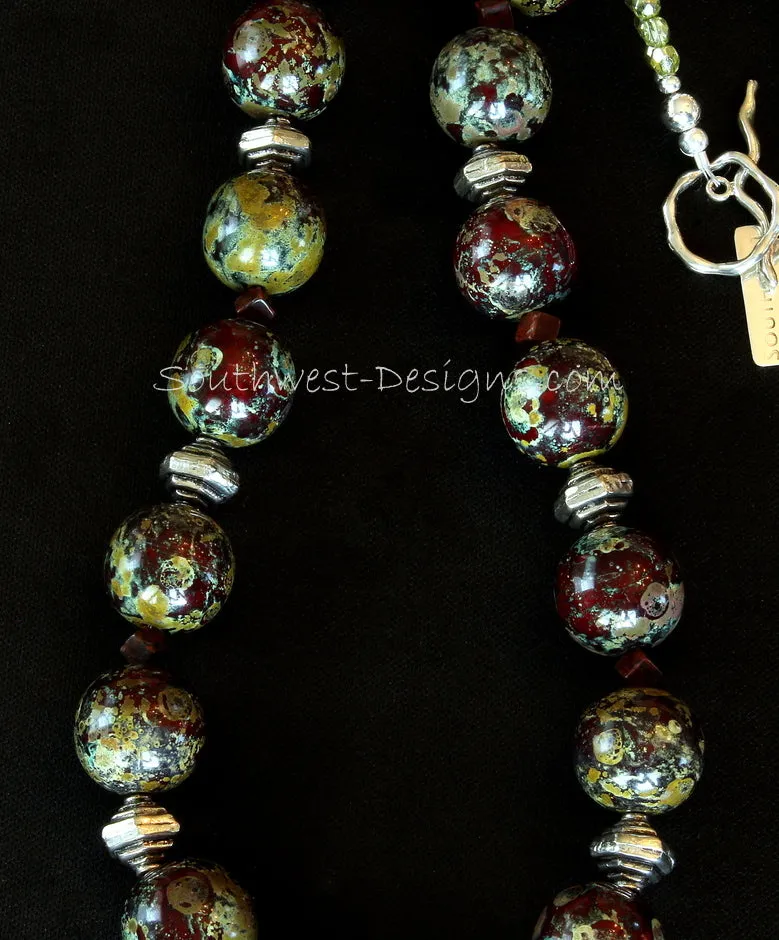 Burgundy, Gold and Moss Green Art Glass Necklace with Fire Polished Glass, Sterling Silver Tiered Bicones, and Wavy Sterling Toggle Clasp