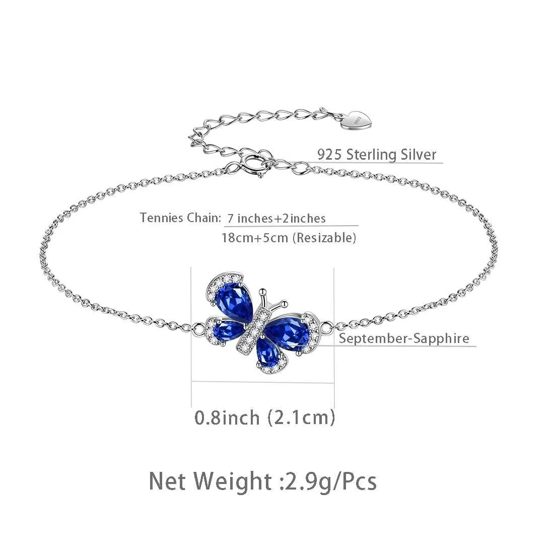 Butterfly Bracelet Birthstone September Sapphire Crystal Women Girls Jewelry Birthday Gift