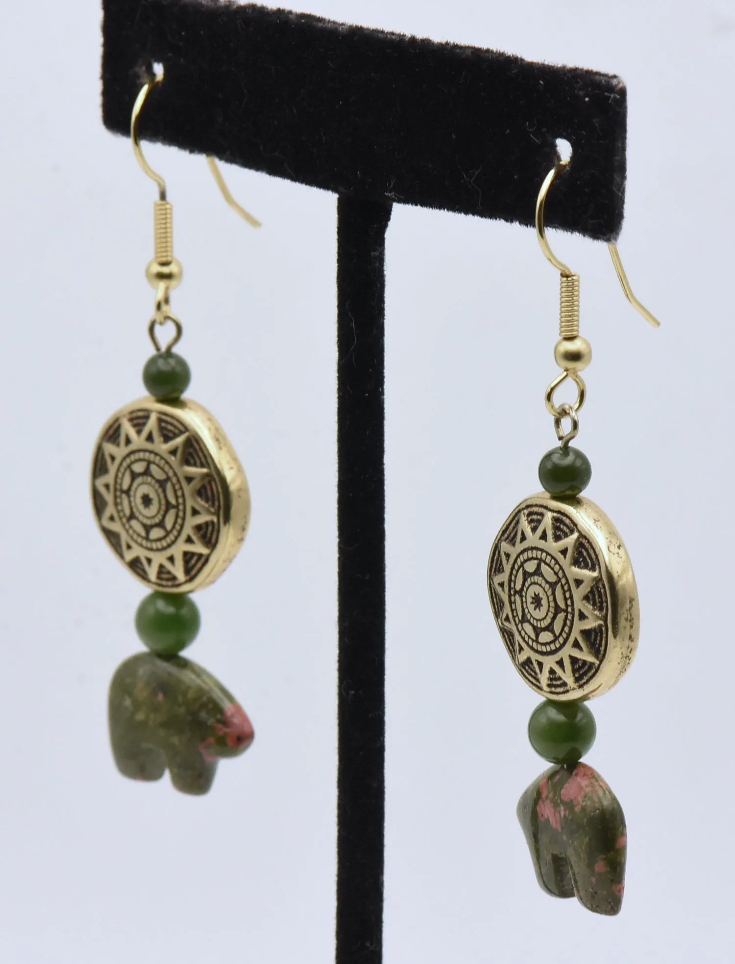 Carved Unakite Bears and Jade Dangle Earrings