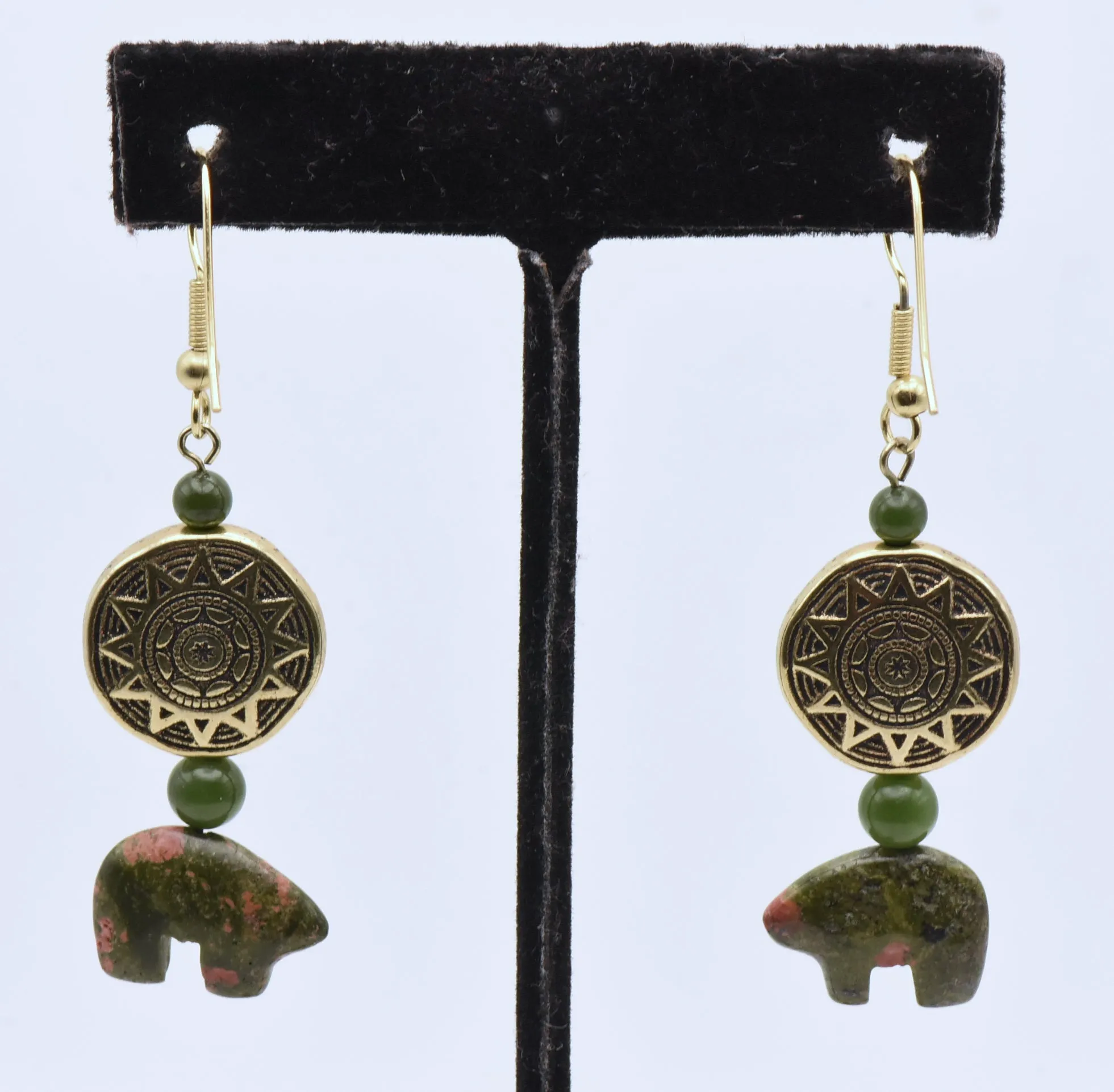 Carved Unakite Bears and Jade Dangle Earrings