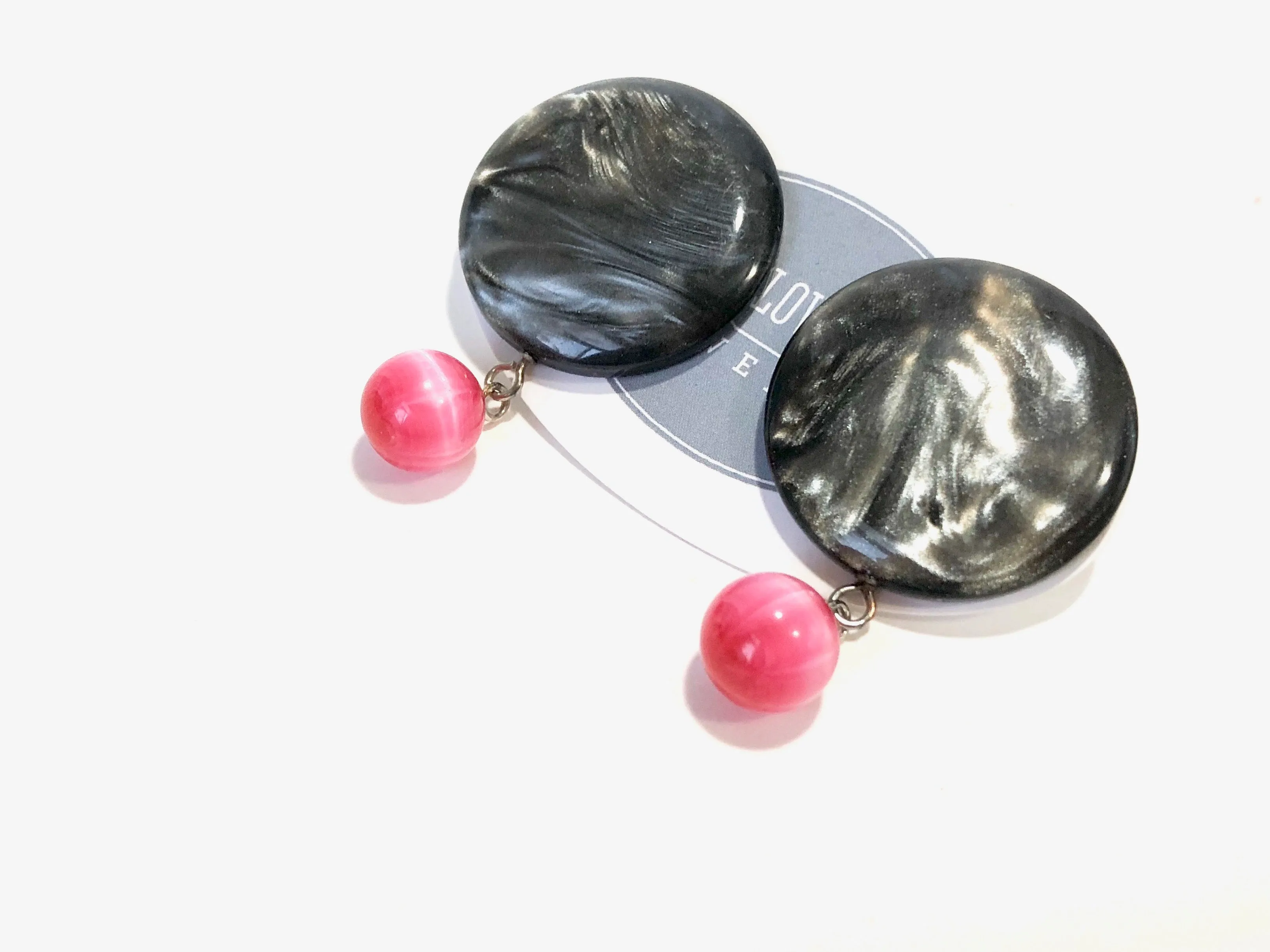 Charcoal Grey & Hot Pink Disc Drop Dottie Earrings