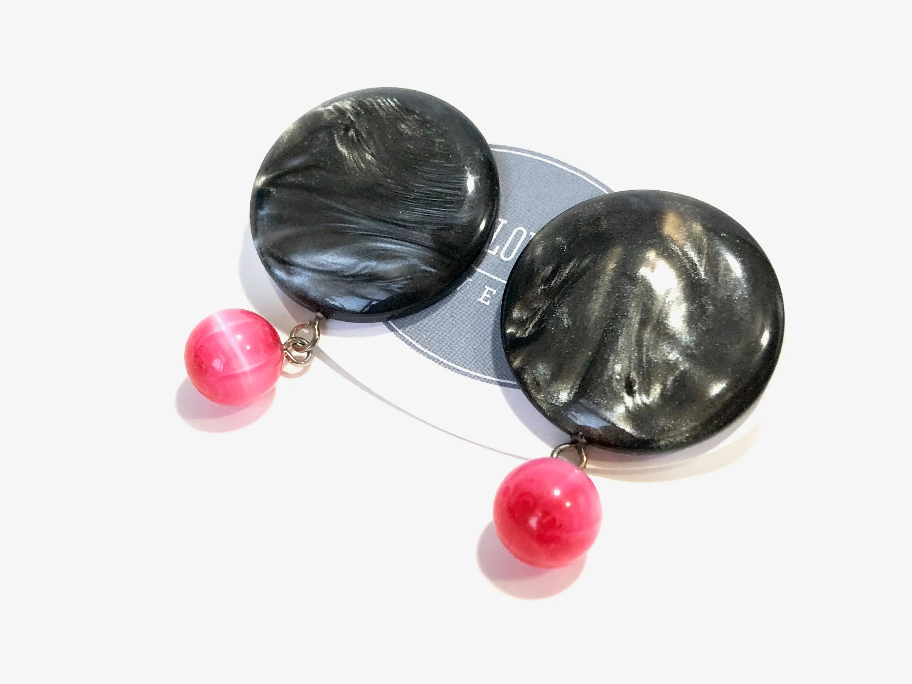 Charcoal Grey & Hot Pink Disc Drop Dottie Earrings