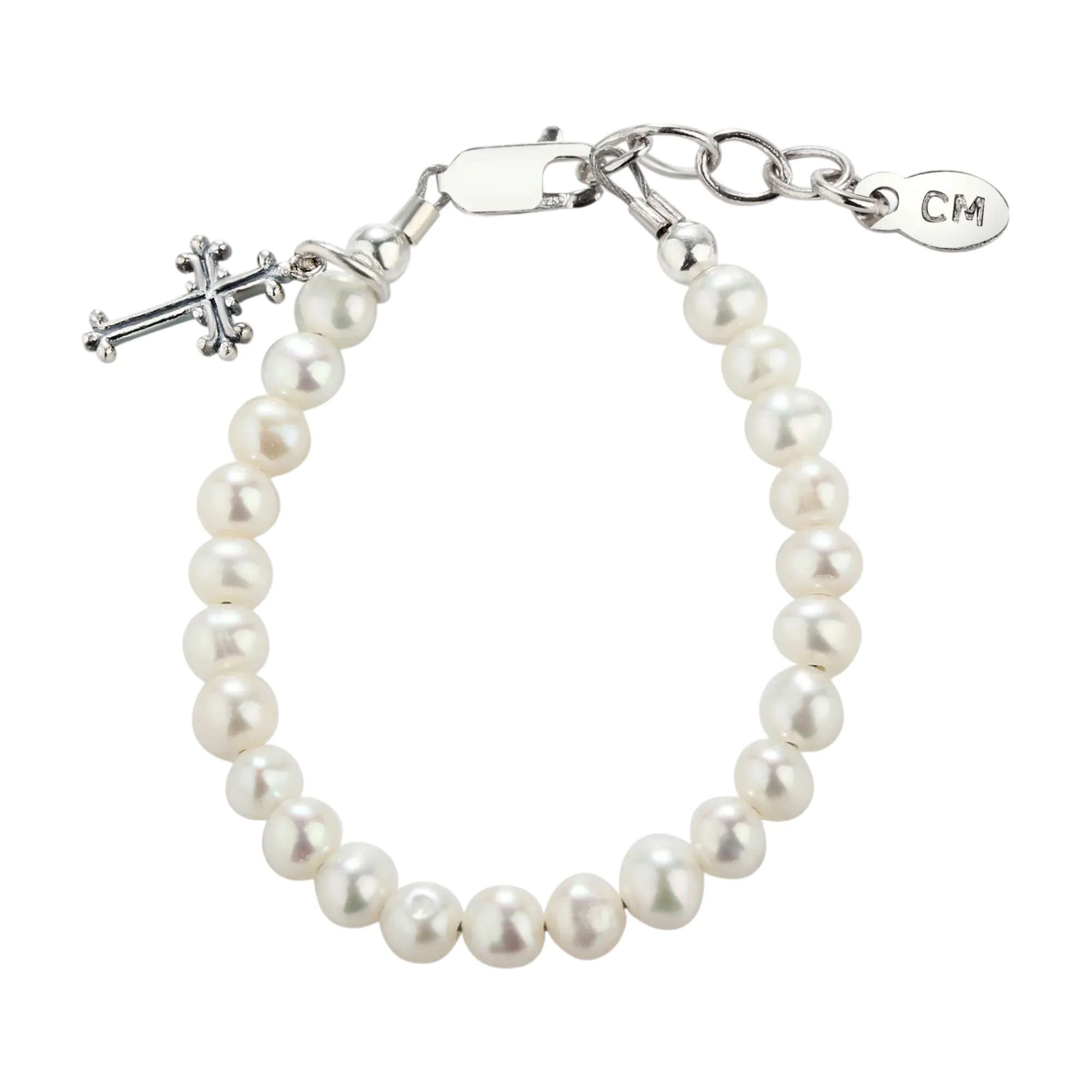 Cherished Moments Sterling Silver Simulated Pearl with Cross Baptism Medium Bracelet