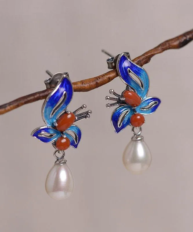 Chic Blue Sterling Silver Cloisonne Jade Pearl Butterfly Stud Earrings