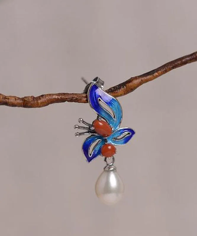 Chic Blue Sterling Silver Cloisonne Jade Pearl Butterfly Stud Earrings