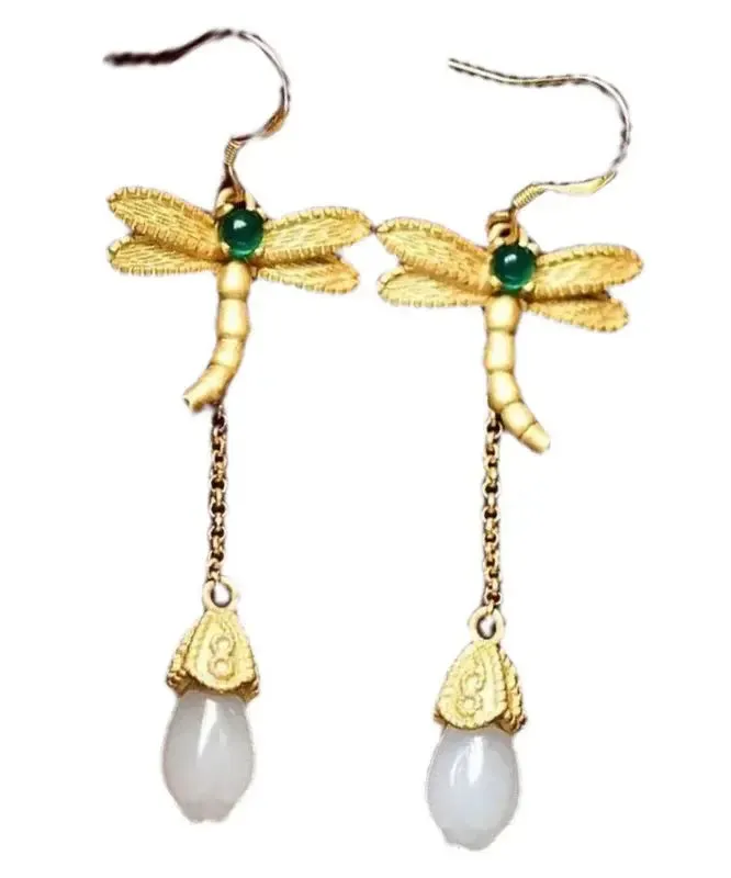 Chic Gold Sterling Silver Overgild Inlaid Jade Tassel Dragonfly Drop Earrings LY8546