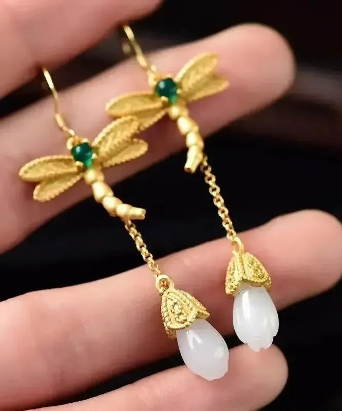 Chic Gold Sterling Silver Overgild Inlaid Jade Tassel Dragonfly Drop Earrings LY8546