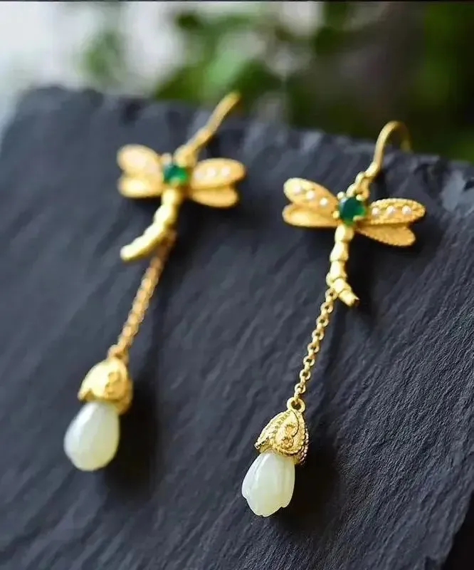 Chic Gold Sterling Silver Overgild Inlaid Jade Tassel Dragonfly Drop Earrings LY8546