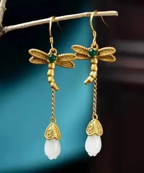 Chic Gold Sterling Silver Overgild Inlaid Jade Tassel Dragonfly Drop Earrings LY8546