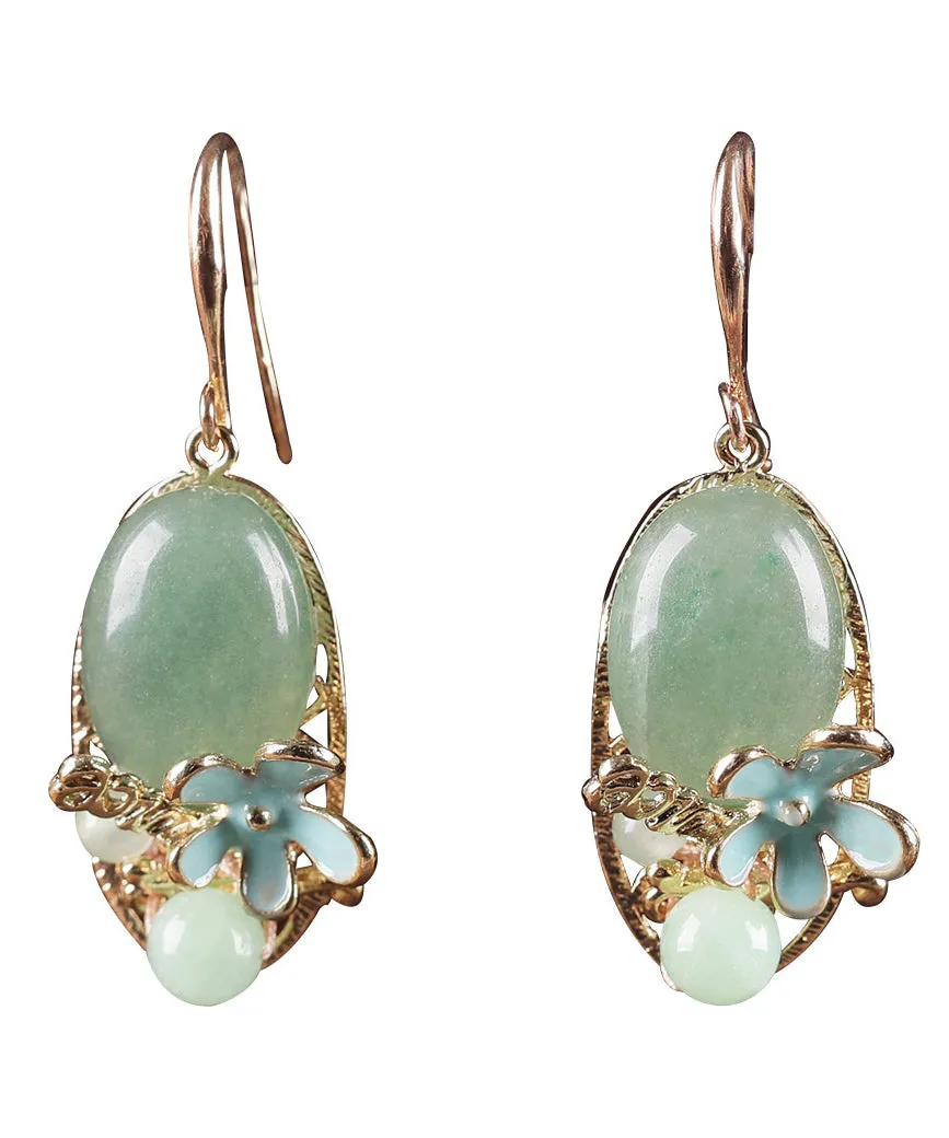 Chic Green Copper Pearl Jade Cloisonne Drop Earrings LY2280